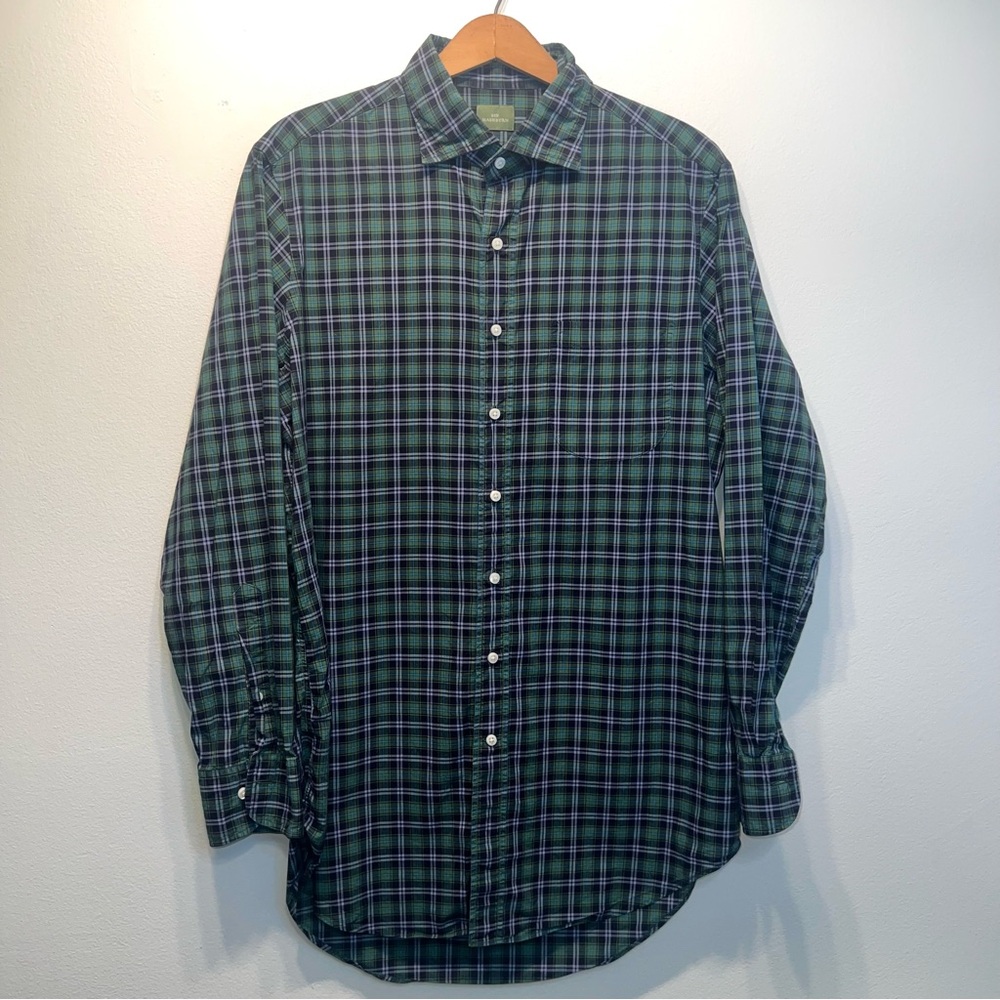 Sid Mashburn Green Navy Plaid Long Sleeve Button Up Shirt Mens Size Medium